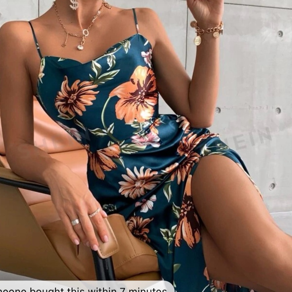 Floral print drape neck split thigh satin dress